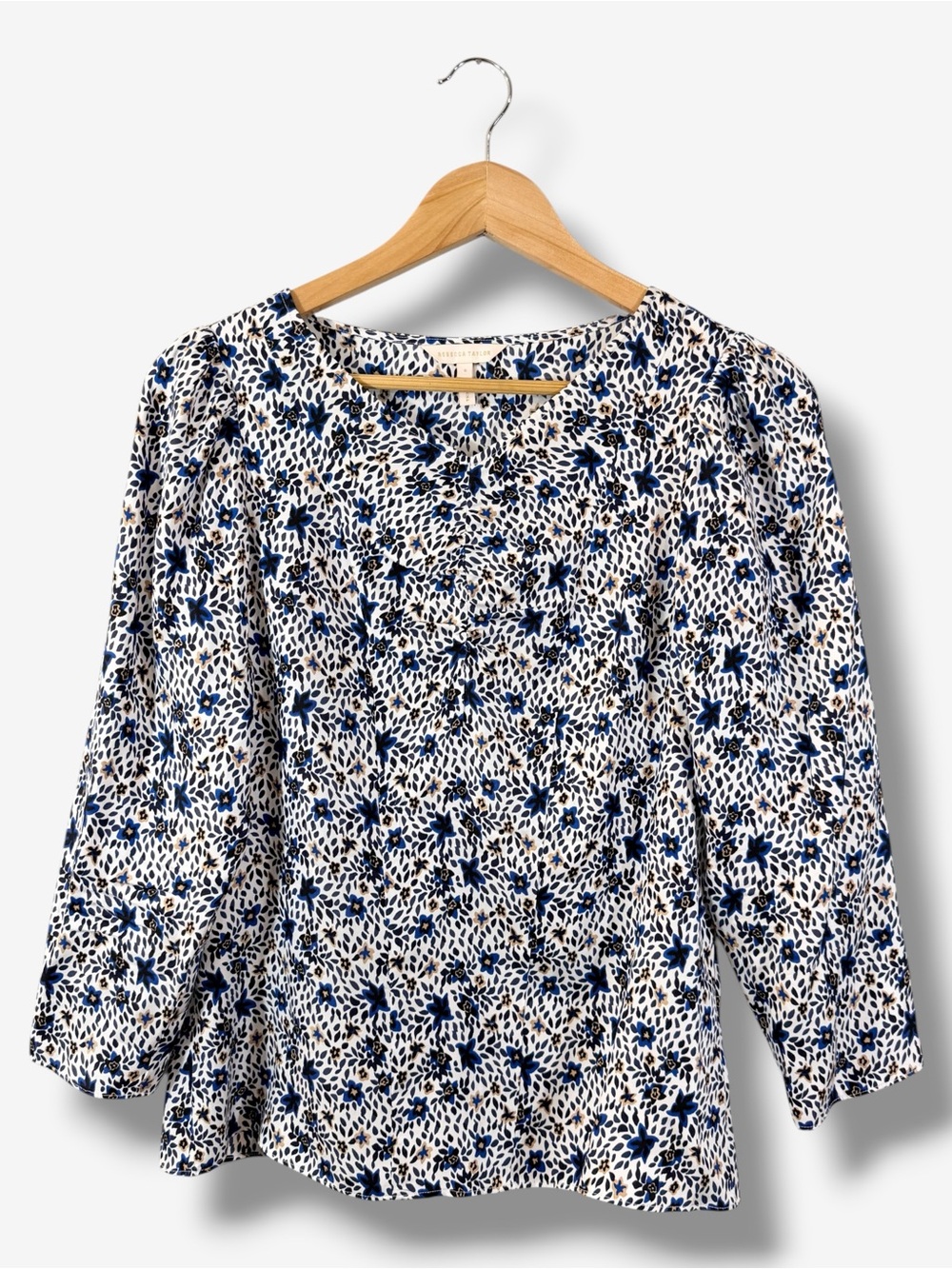 Rebecca Taylor Silk Blouse Size 6 White Blue Floral Office Casual Preppy Casual